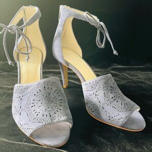 Vince Camuto Blue Suede heels. Leather ankle tie and zippered back. 3.5” heels.